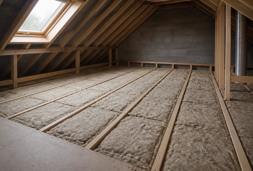 Mineral wool loft insulation laid to full depth between and over ceiling joists