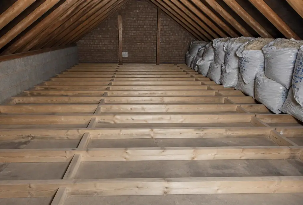 Loft stripped back to bare joists after old insulation removal, with waste bagged