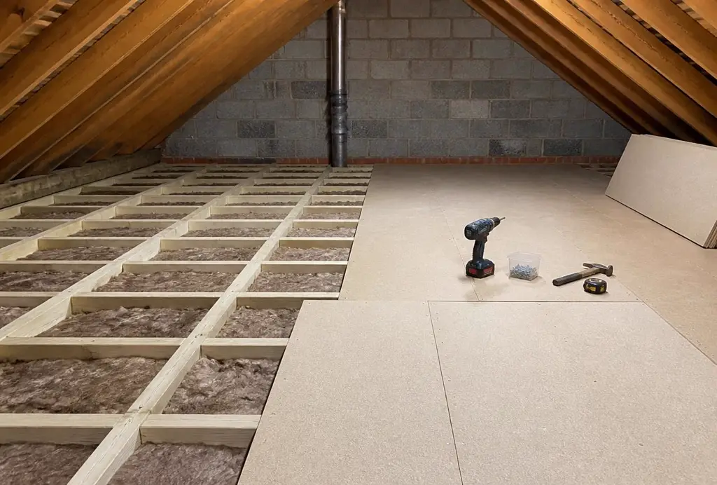 Raised timber framework over insulation with new chipboard loft boarding fitted